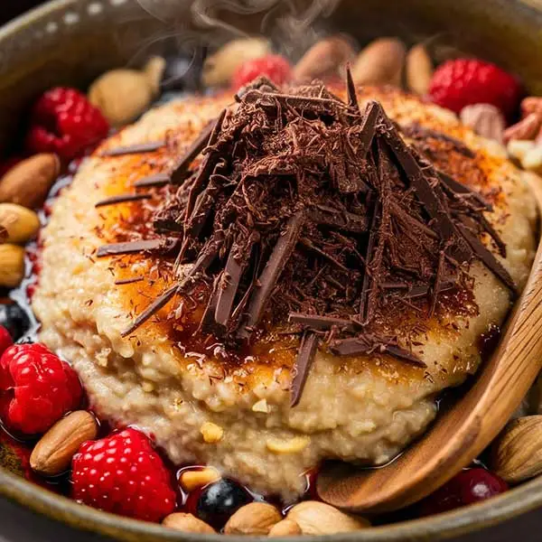 grated dark chocolate on fresh porridge topped with berries