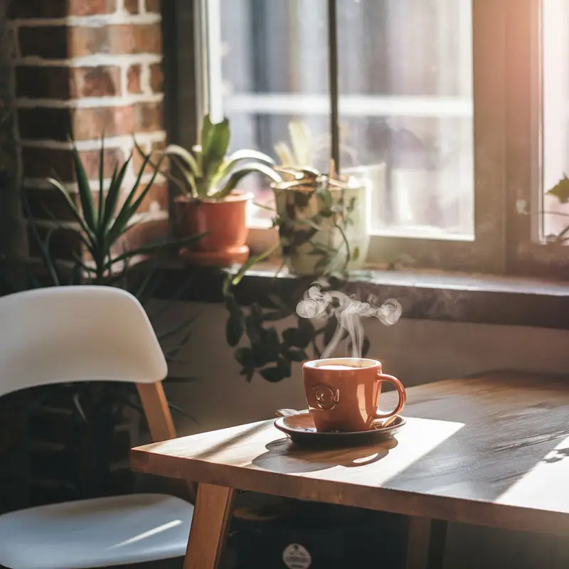 A steaming mug of coffee on a wooden table