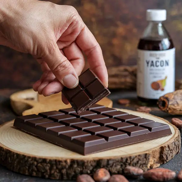 A hand is breaking off a square of sugar-free chocolate, sweetened with yacon syrup
