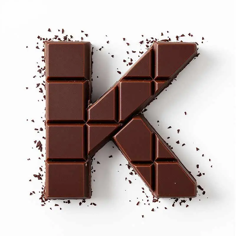 Chocolate pieces making the letter K, the chemical symbol for Potassium