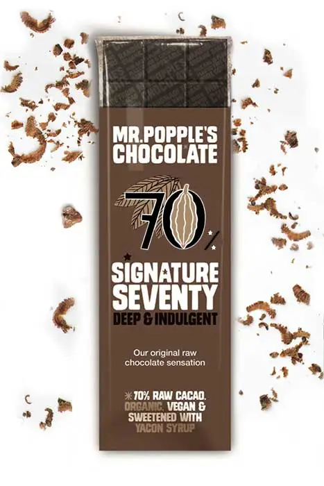 35g Signature Seventy 70% Dark Chocolate bar, sugar free, sweetened with yacon syrup and lucuma fruit