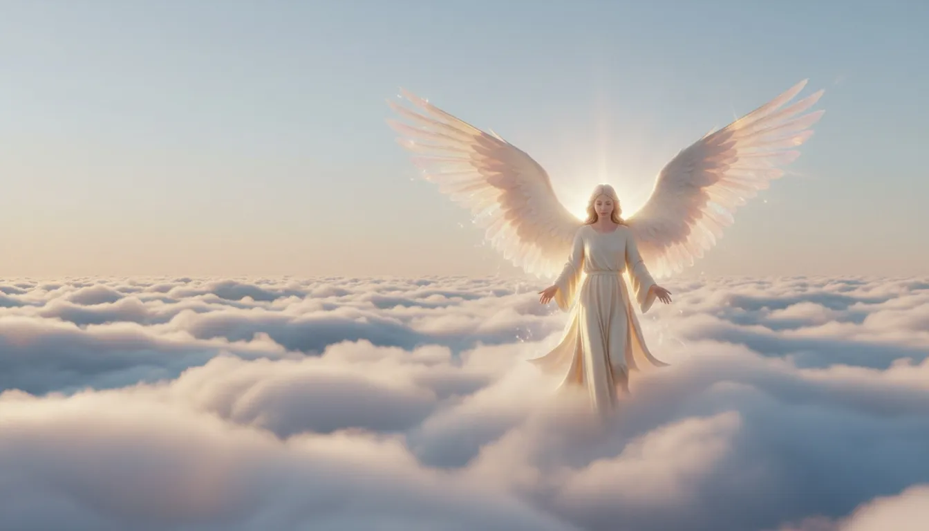 Winged angel standing above a sea of clouds in warm light