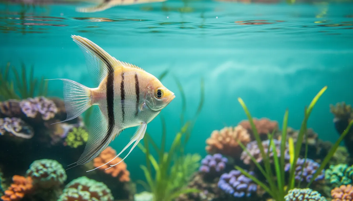 Angelfish swimming through a bright tropical aquarium
