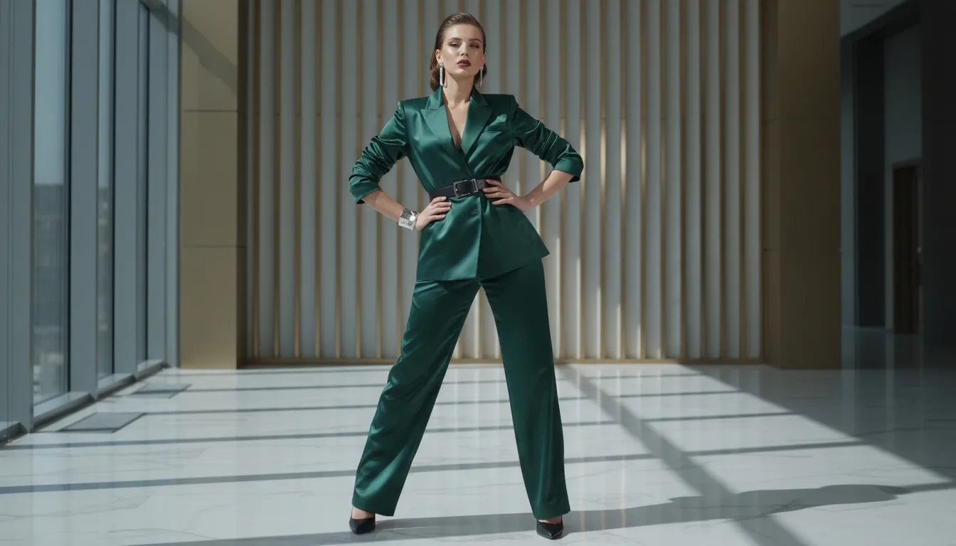 Confident woman in a dark green suit standing in a modern hallway