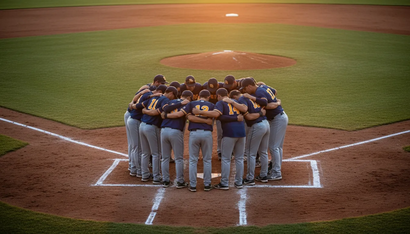 Baseball team huddling together beside home plate
