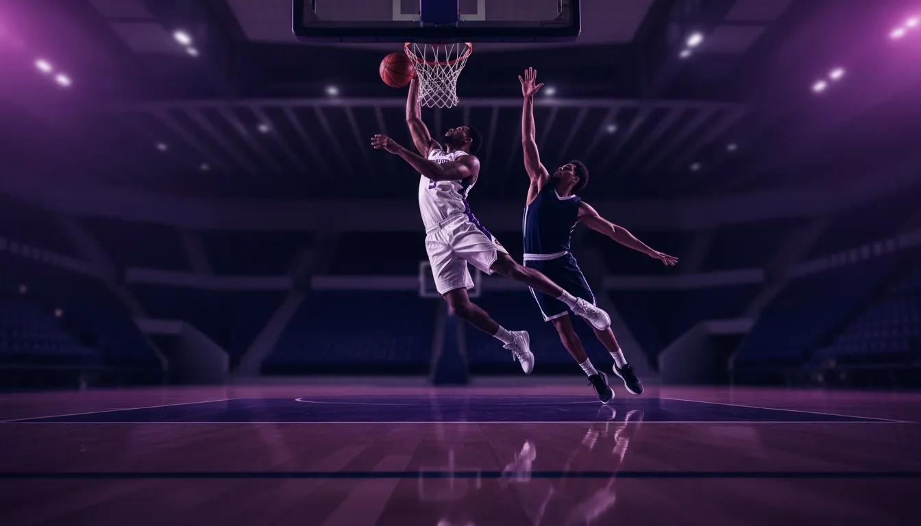 Basketball player leaping for a dunk as a defender contests the shot