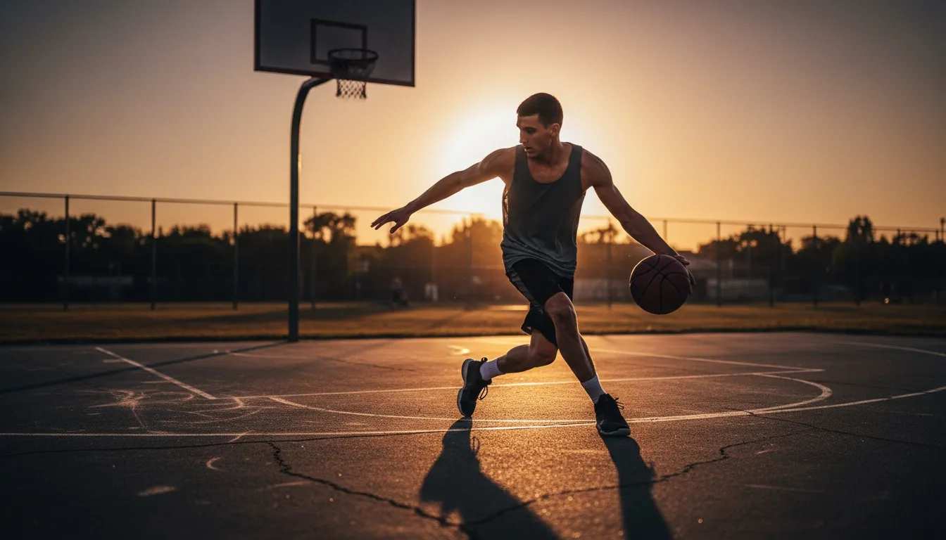 Basketball player dribbling on an outdoor court at sunset
