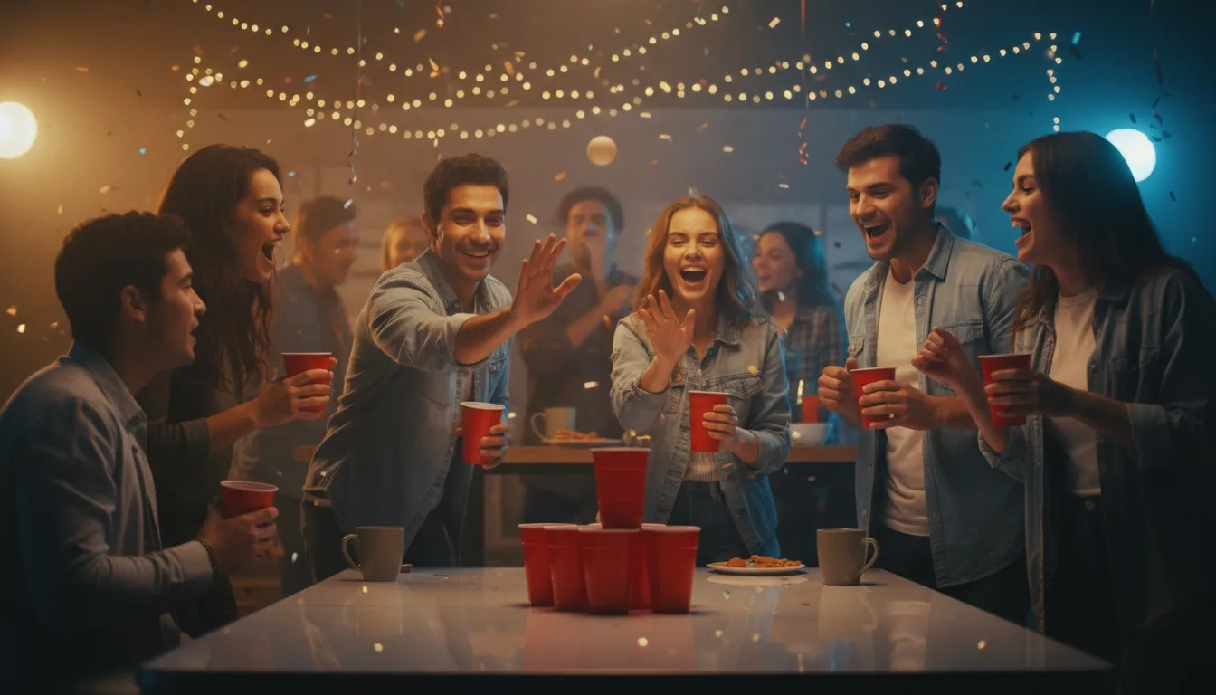 Friends cheering around a beer pong table with red cups