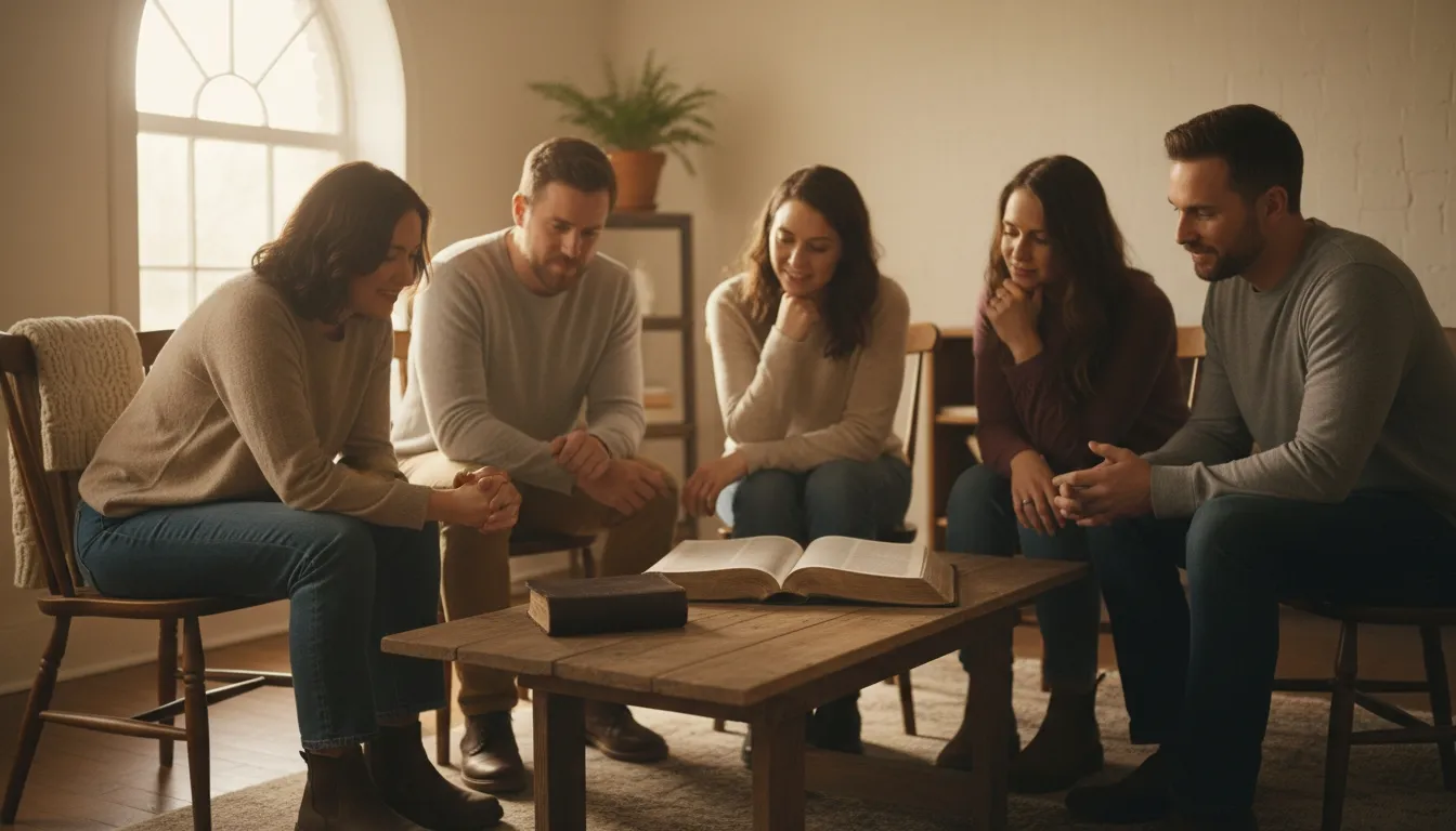 Small group gathered around an open Bible in a warm living room