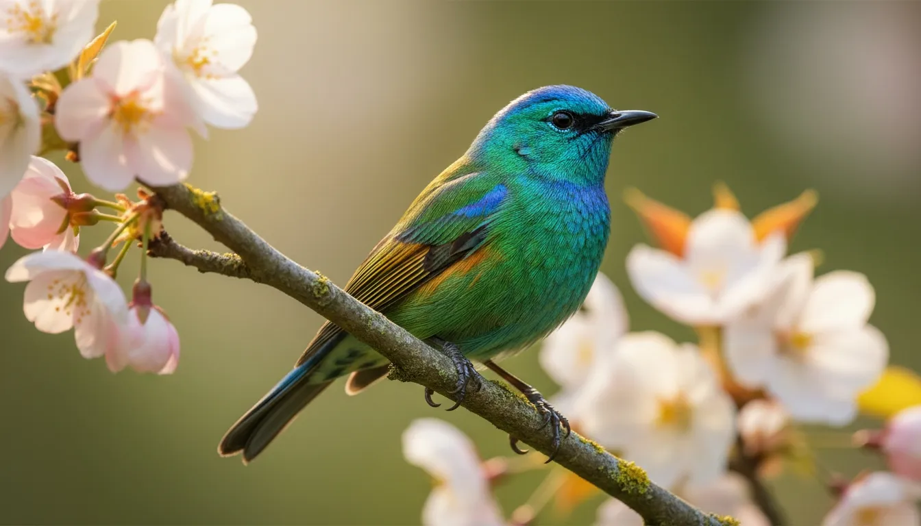 Colorful songbird perched on a flowering branch
