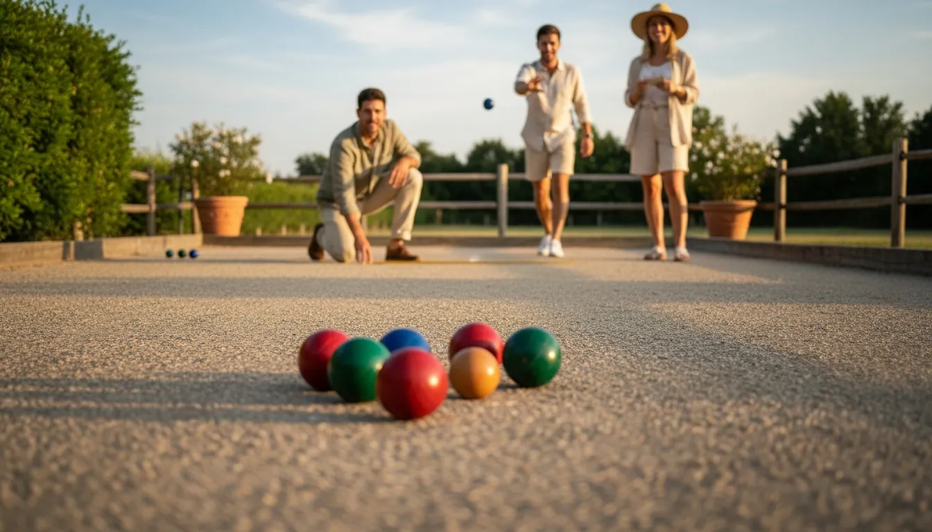 Players standing behind colorful bocce balls on an outdoor court