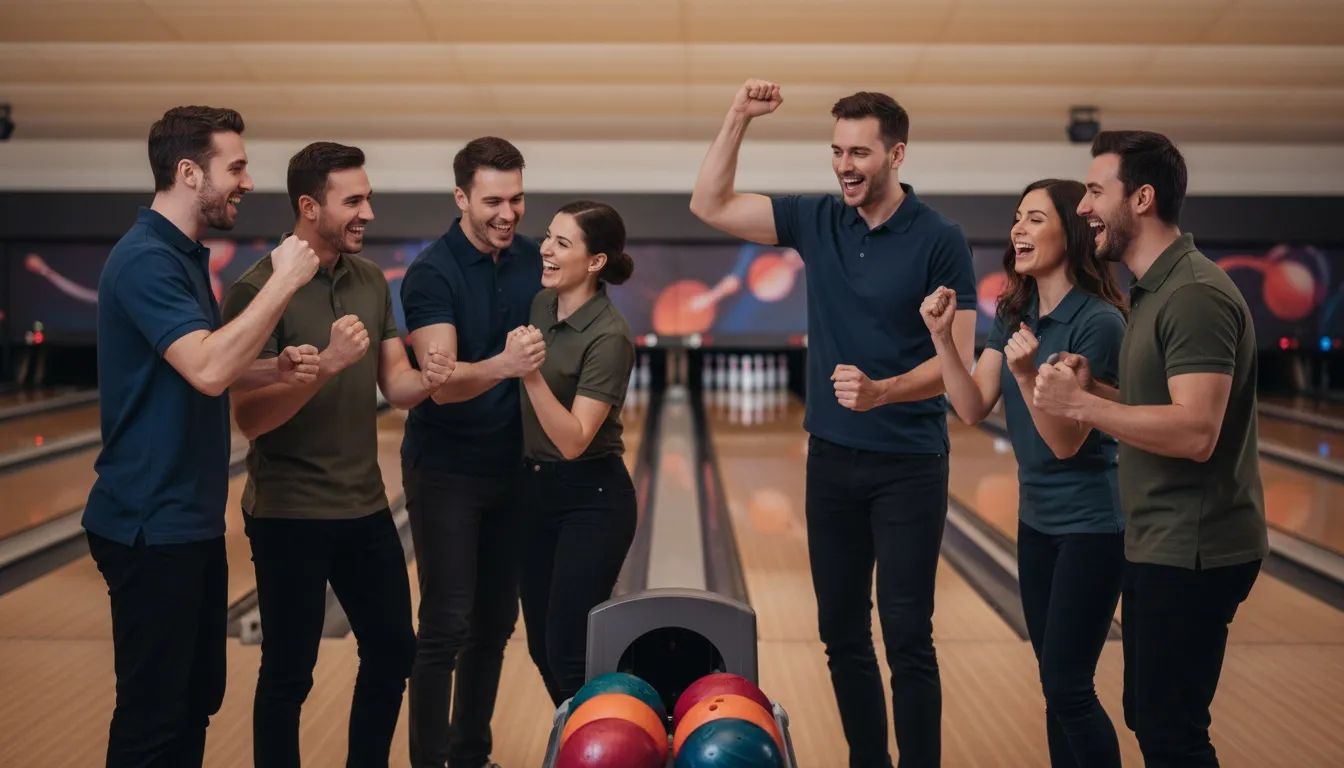 Bowling team cheering together beside the ball return