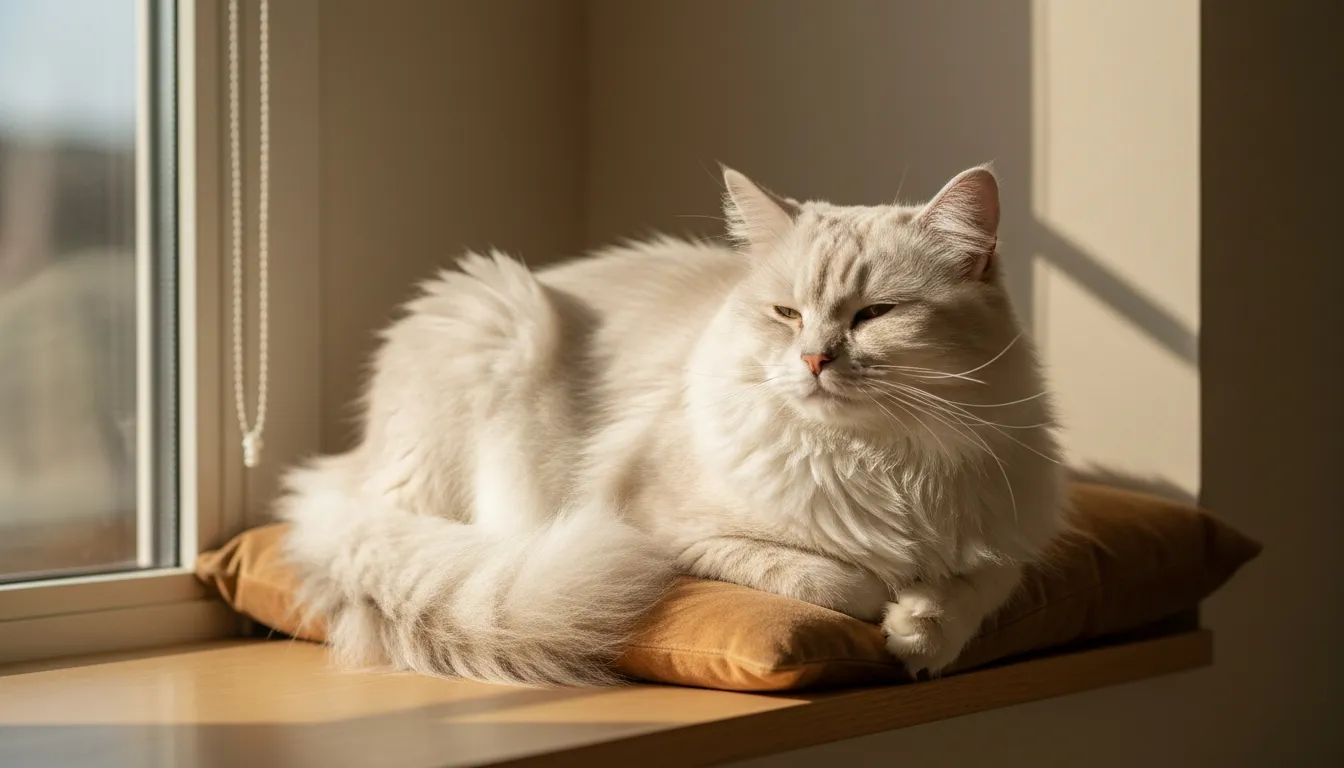 Fluffy white cat resting beside a sunny window