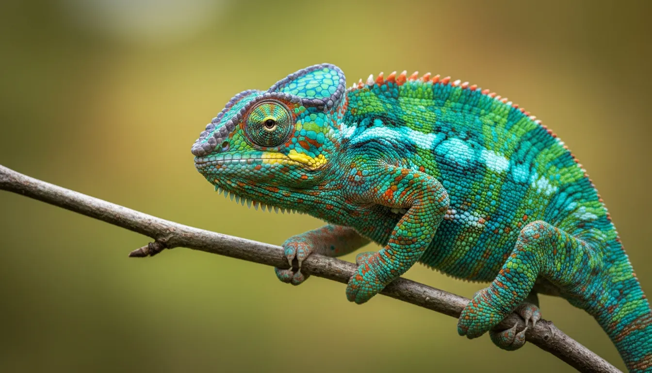 Brightly colored chameleon perched on a thin branch
