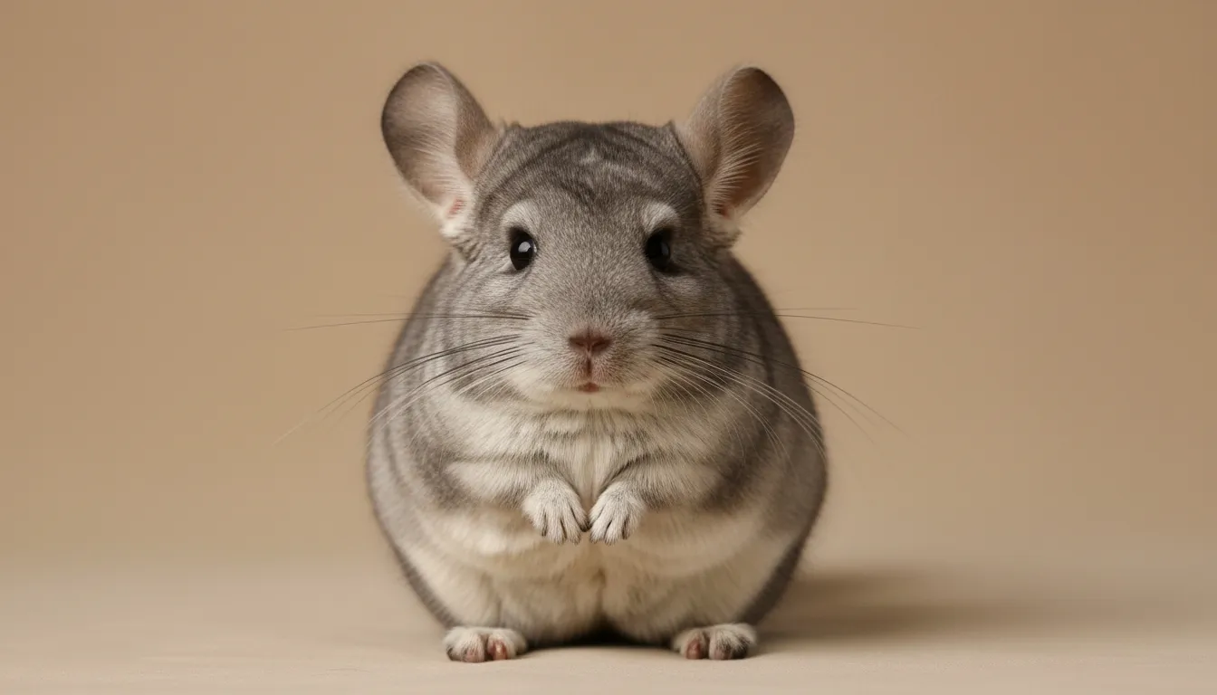Gray chinchilla sitting upright against a neutral background