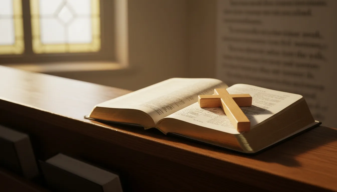 Open Bible with a wooden cross resting across the pages
