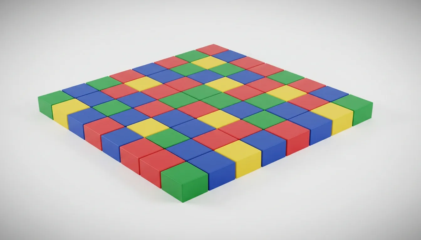Grid of red, blue, green, and yellow blocks