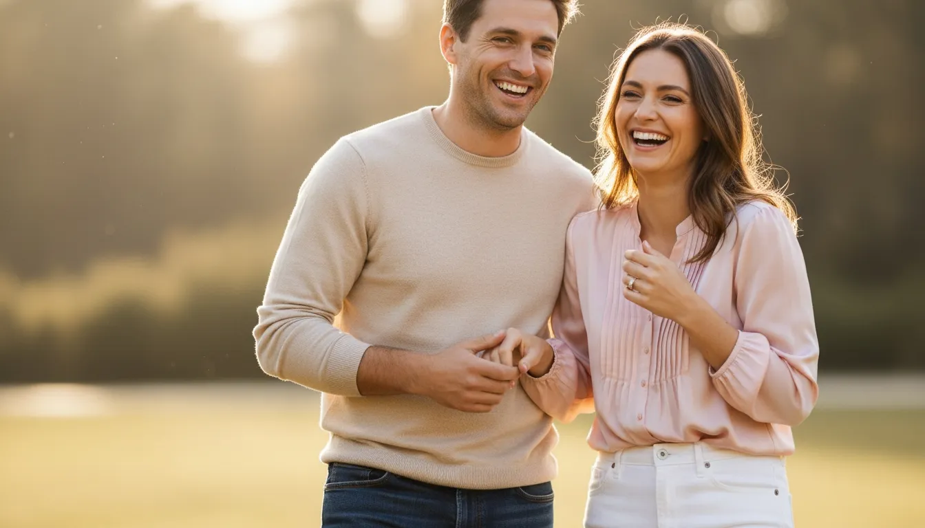 Smiling couple standing together outdoors in warm sunlight