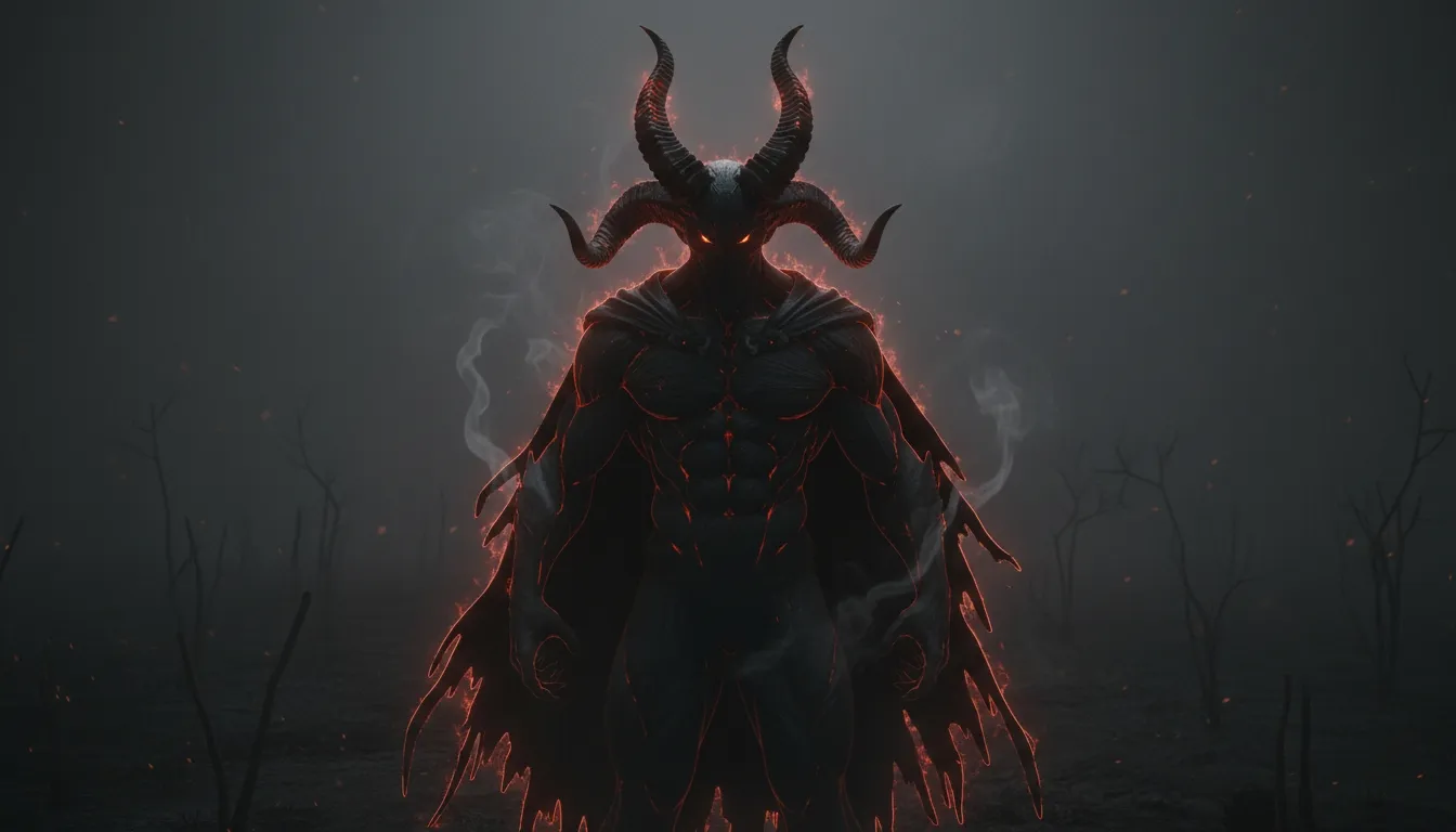 Horned demonic figure standing in a dark smoky landscape