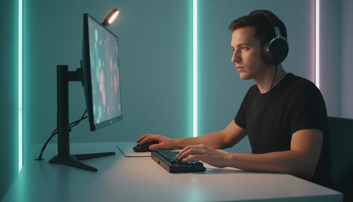 Gamer wearing headphones at a desk with teal and pink lighting