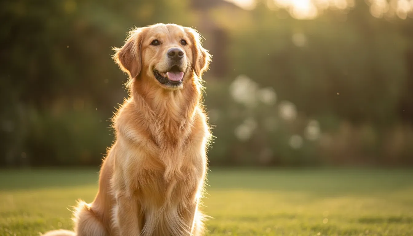 Golden retriever sitting on grass in warm sunlight