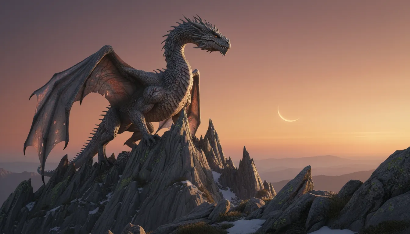 Large dragon perched on a rocky mountain peak at sunset