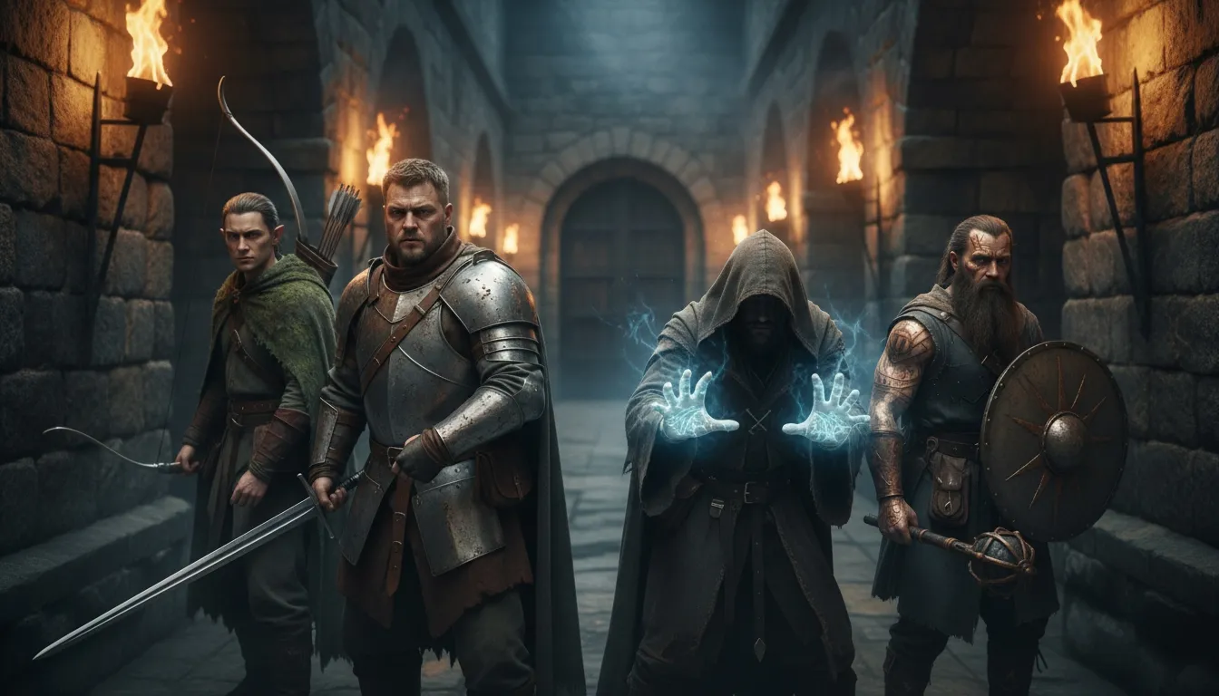 Fantasy adventuring party standing in a torchlit dungeon corridor
