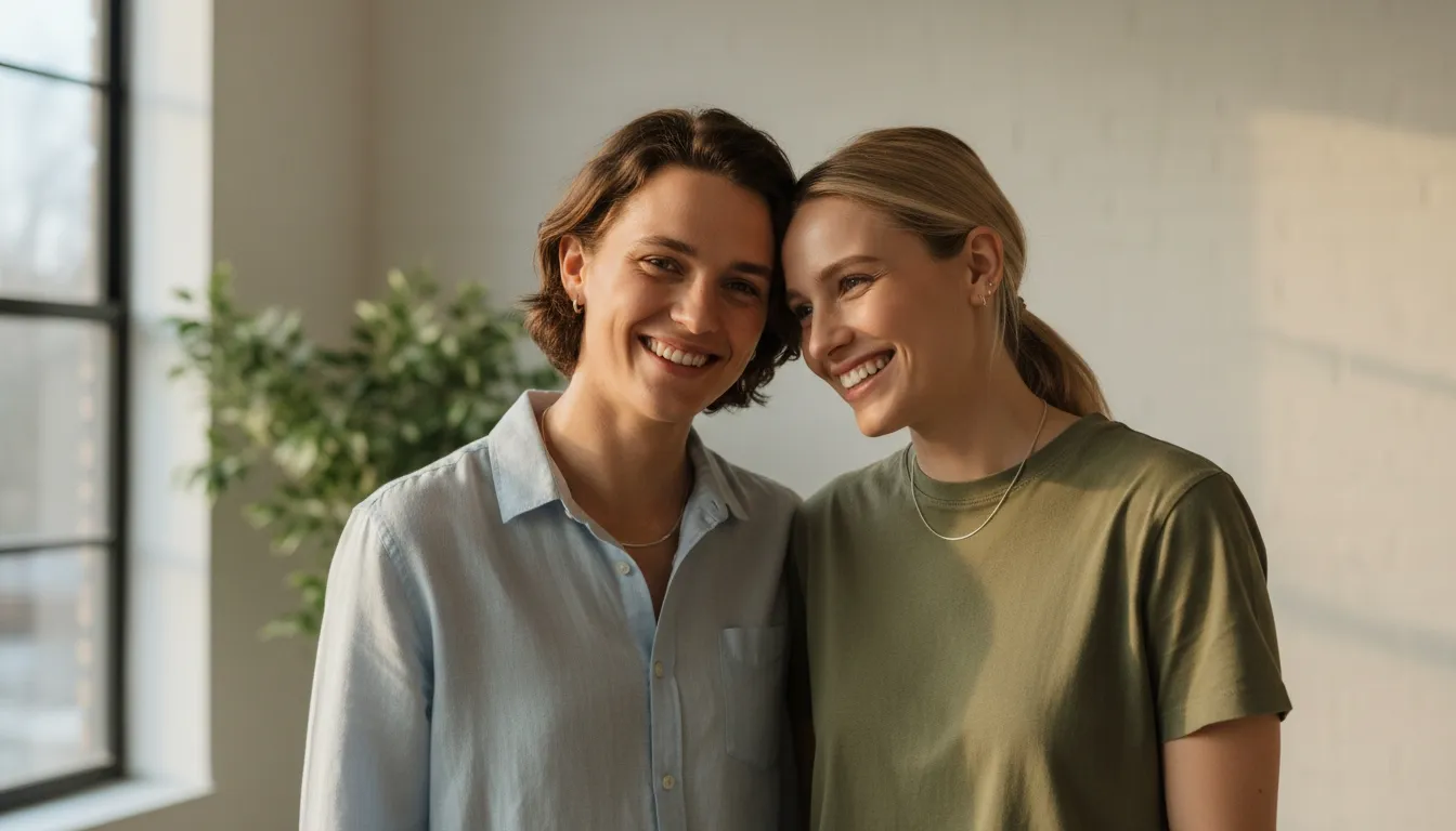 Two smiling friends standing close together indoors