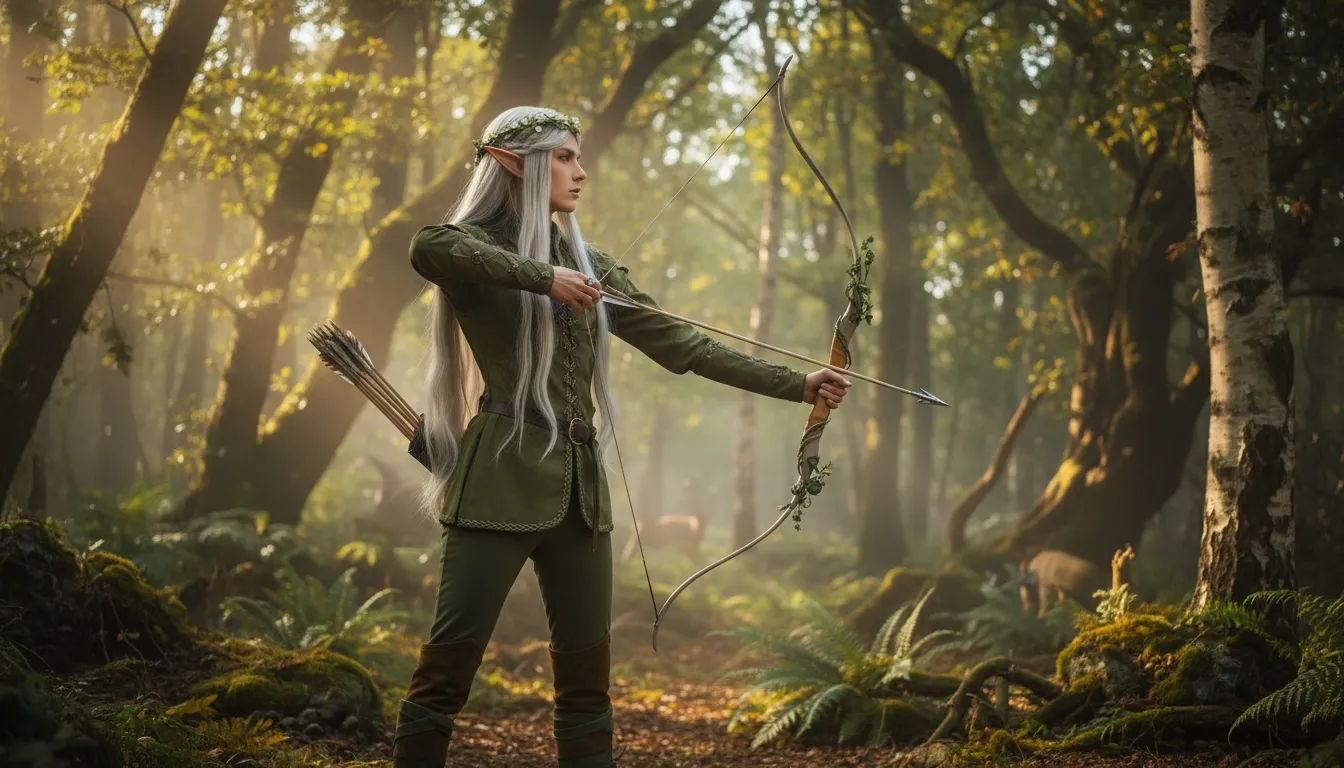 Elf archer drawing a bow in a sunlit woodland