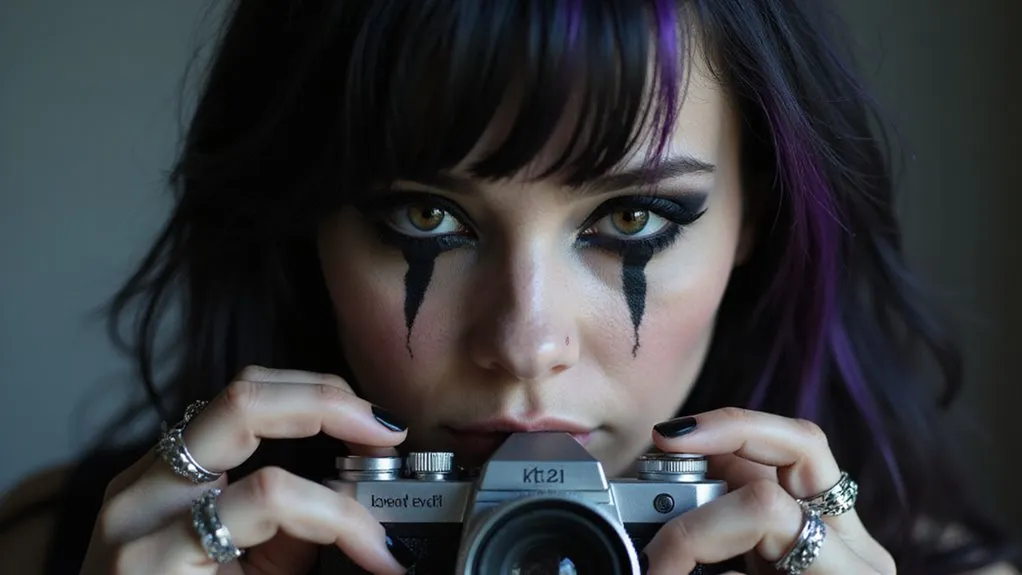 Woman with dark makeup holding a camera close to her face