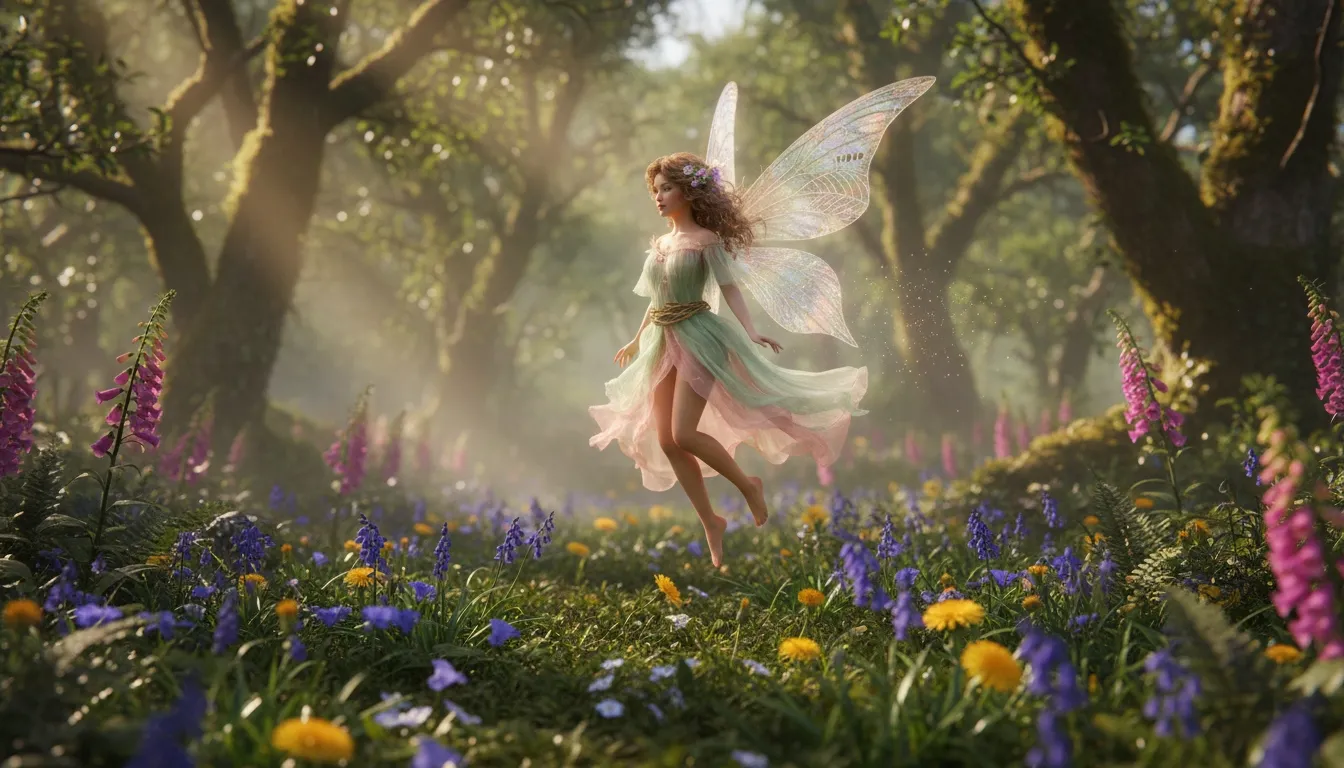 Fairy hovering above wildflowers in a sunlit forest clearing