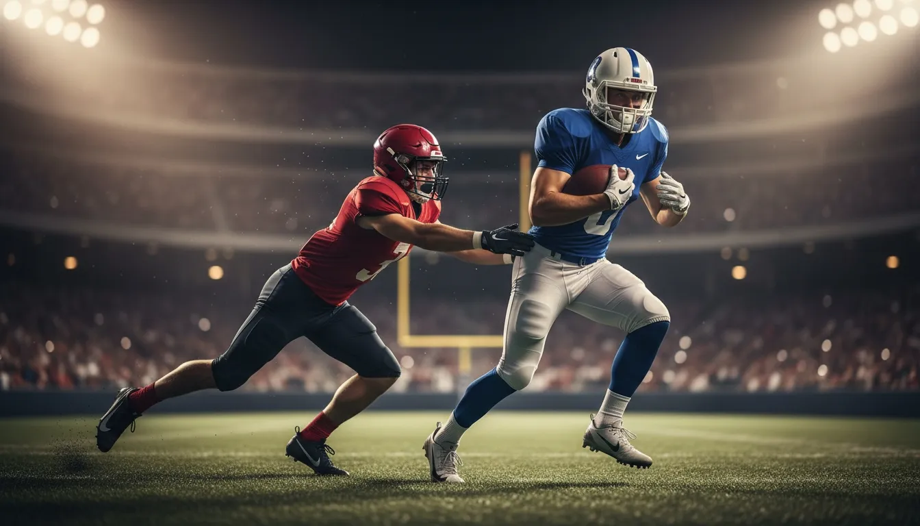 Football runner carrying the ball as a defender gives chase