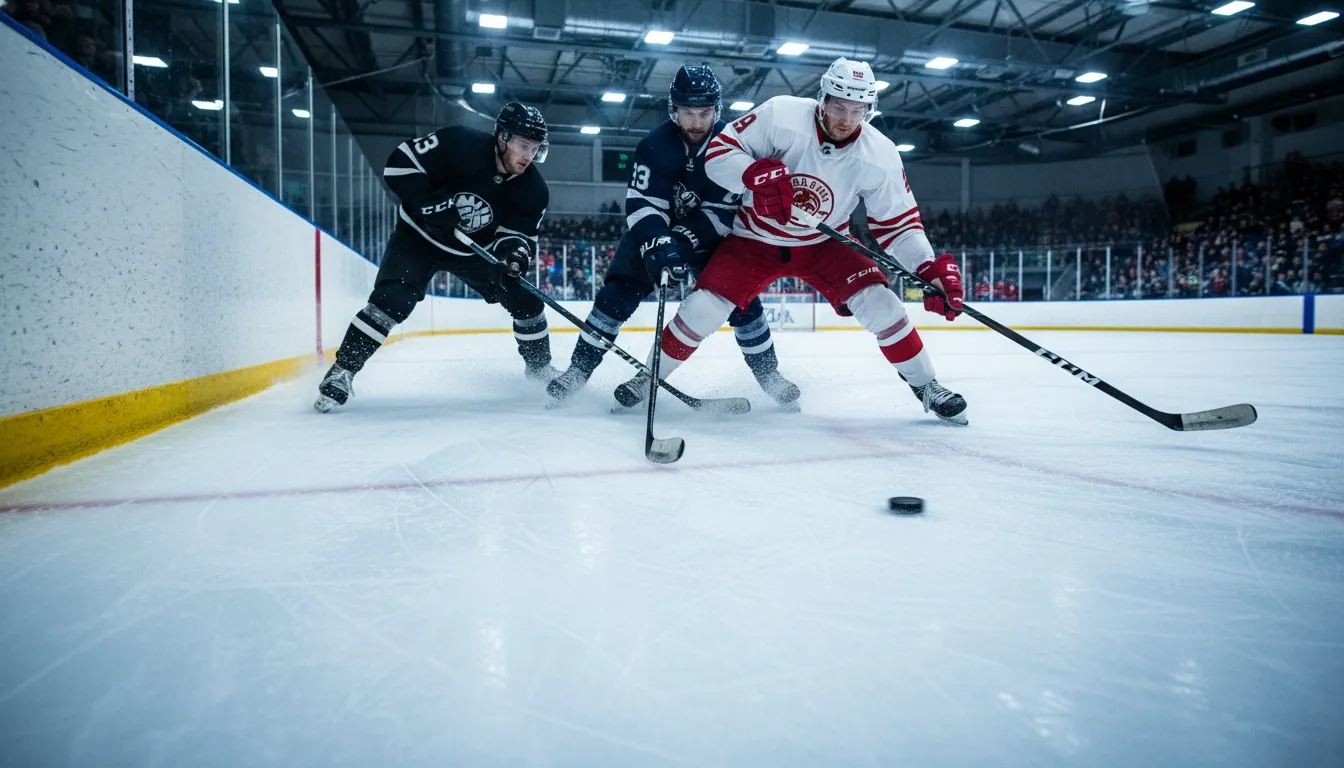 Ice hockey players battling for the puck along the boards
