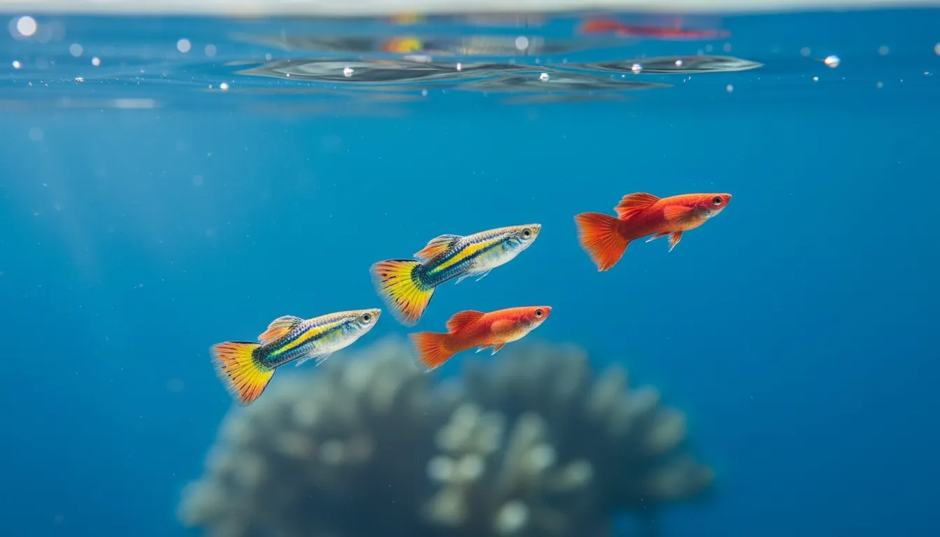 Small colorful tropical fish swimming in clear blue water