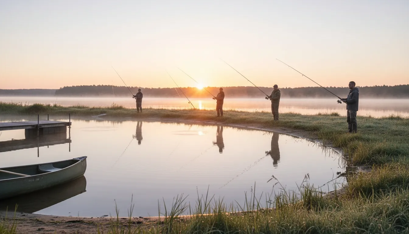 Anglers fishing beside a calm lake at sunrise