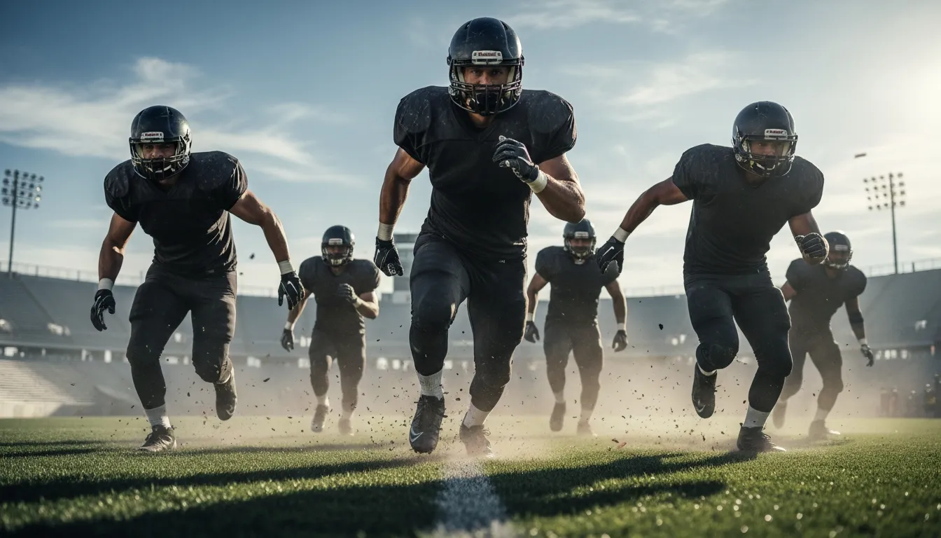 American football players running toward the camera on a stadium field