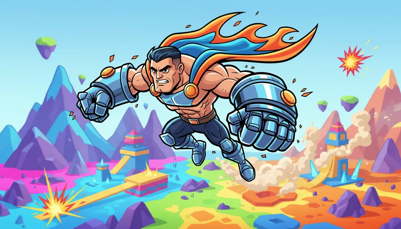 Cartoon-style armored hero flying across a colorful game landscape