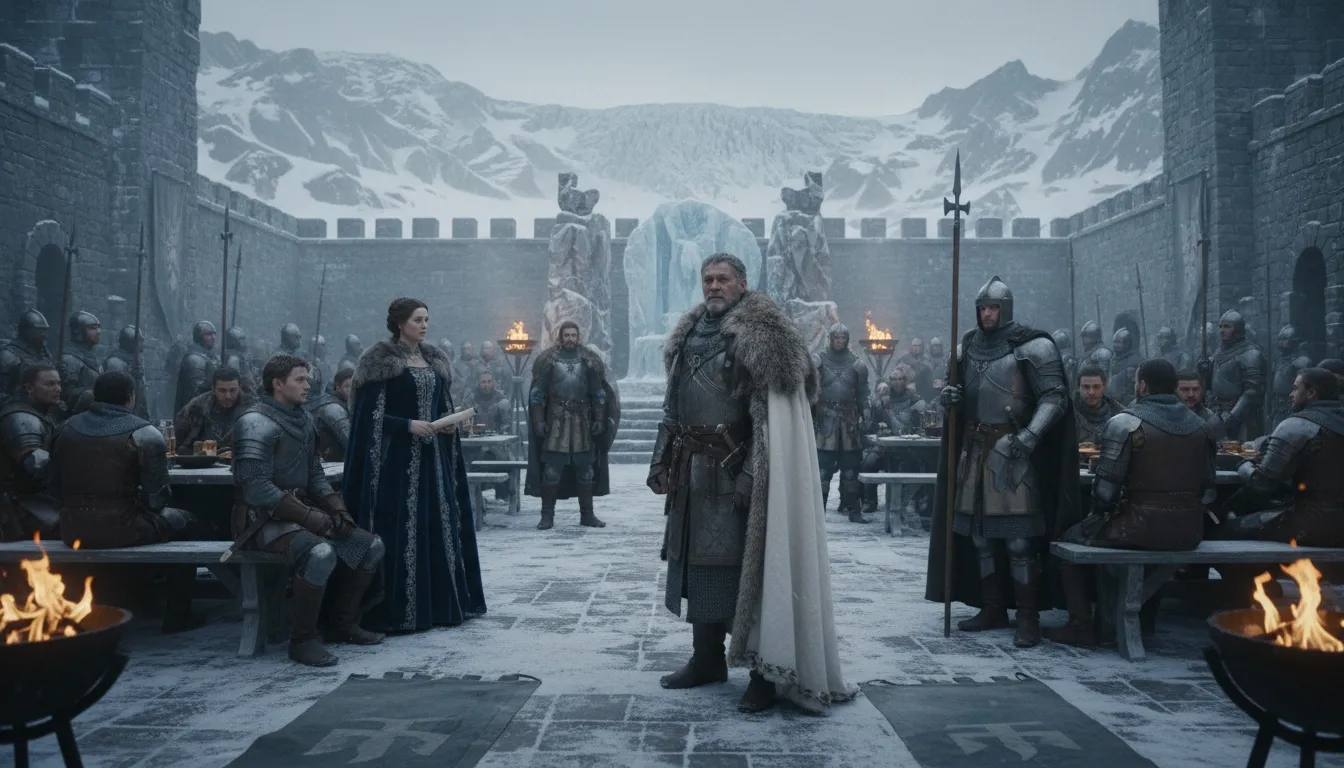 Medieval warriors and nobles gathered in a snowy castle courtyard