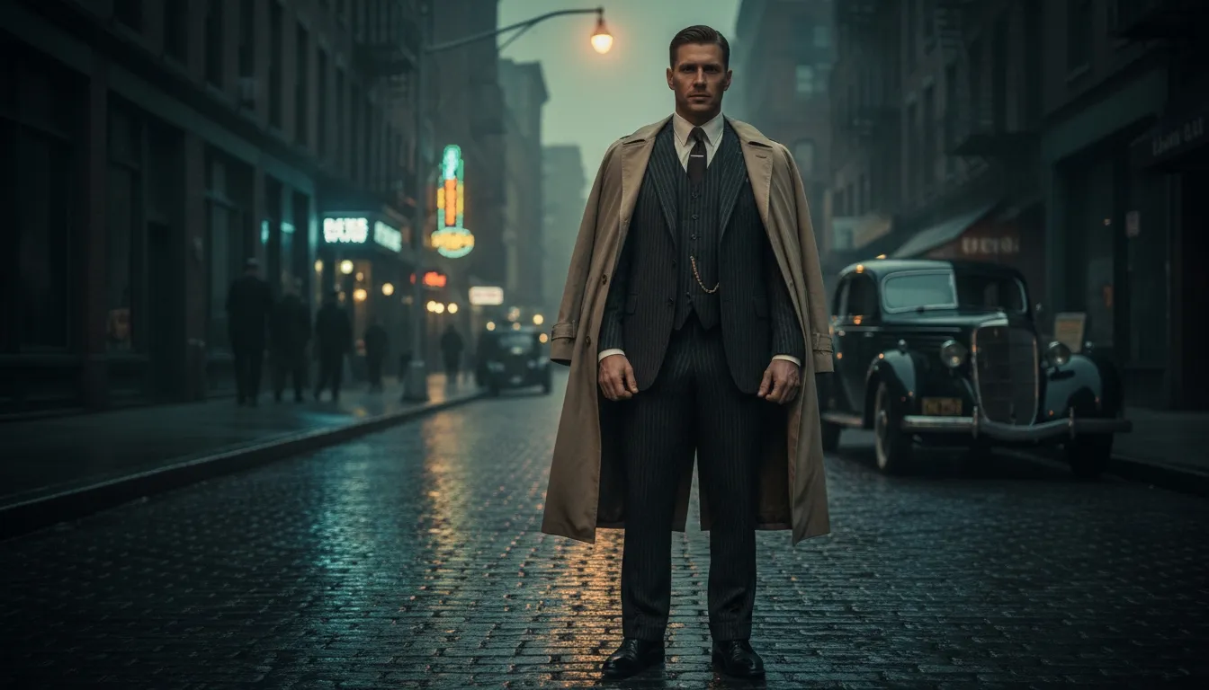 Man in a suit and long coat standing on a wet city street at night