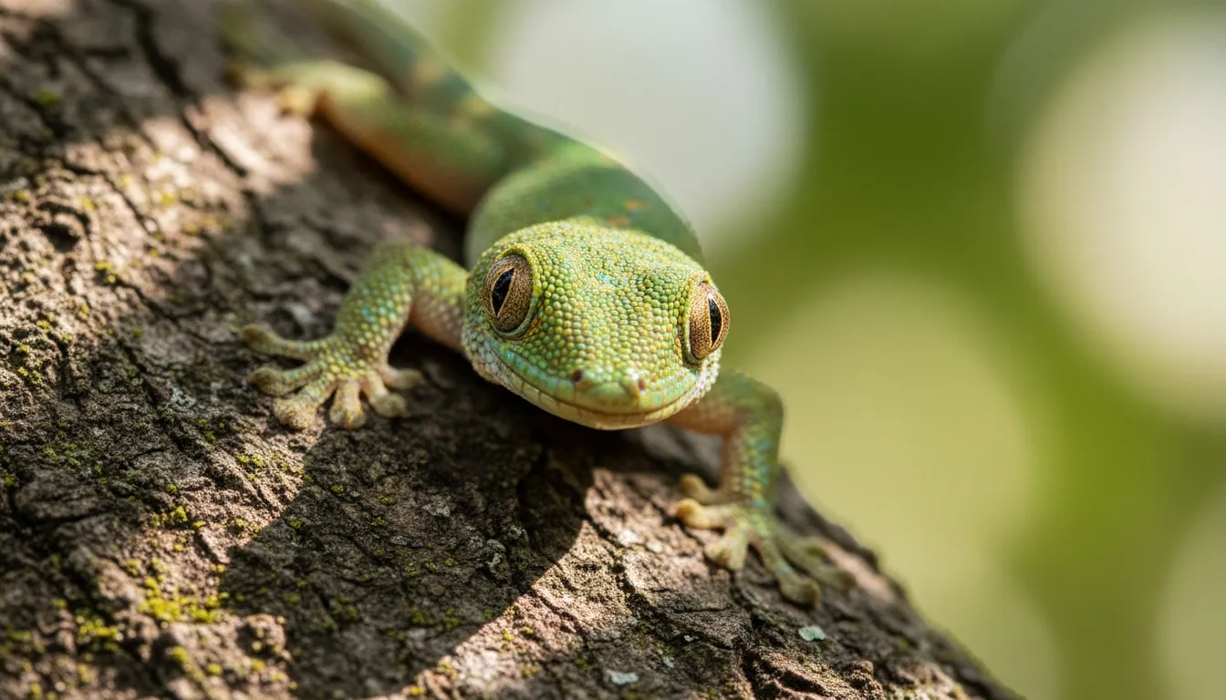 Green gecko clinging to tree bark in soft natural light