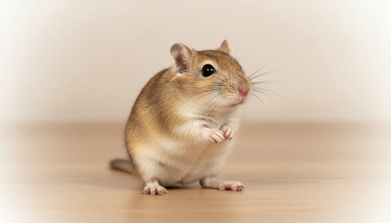 Gerbil sitting upright on a wooden surface
