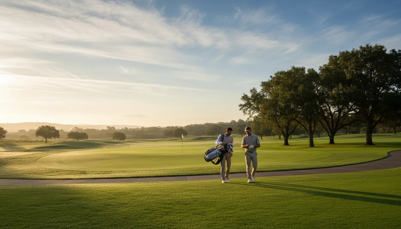Two golfers walking across a sunlit golf course