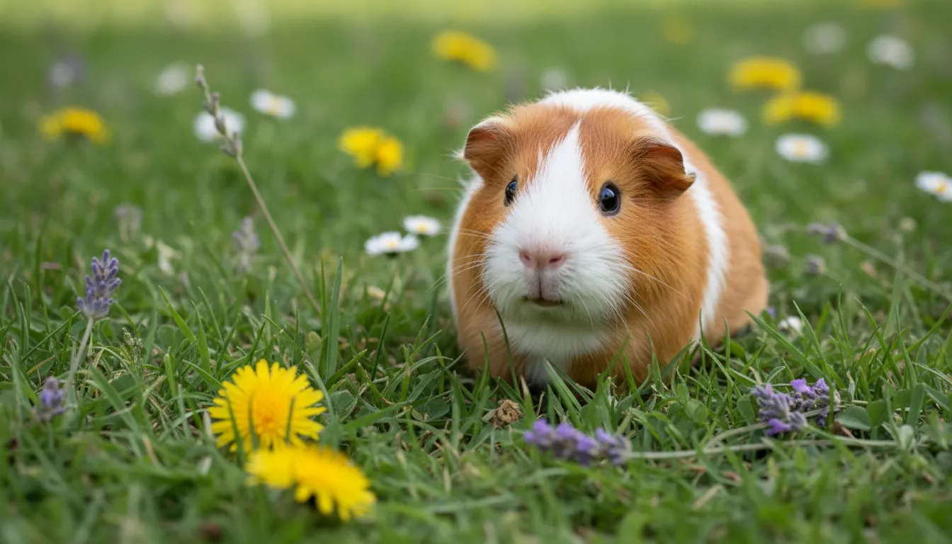 Brown and white guinea pig sitting among grass and wildflowers