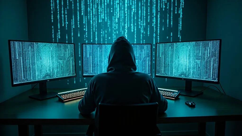 Hooded hacker seated at multiple screens filled with computer code