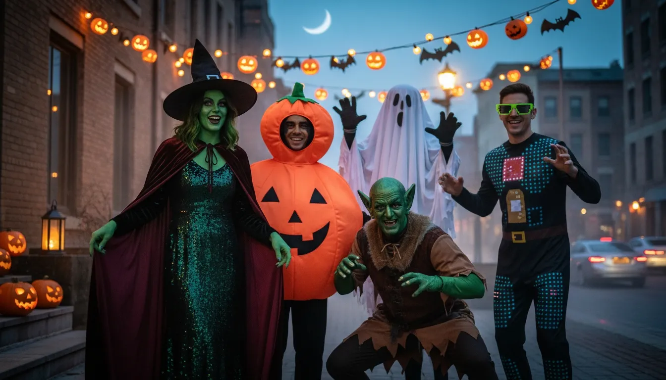 Group of friends posing in playful Halloween costumes on a city street