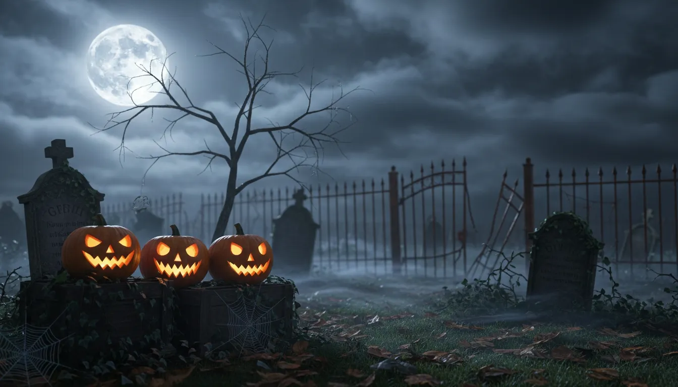 Glowing jack-o-lanterns in a misty moonlit cemetery