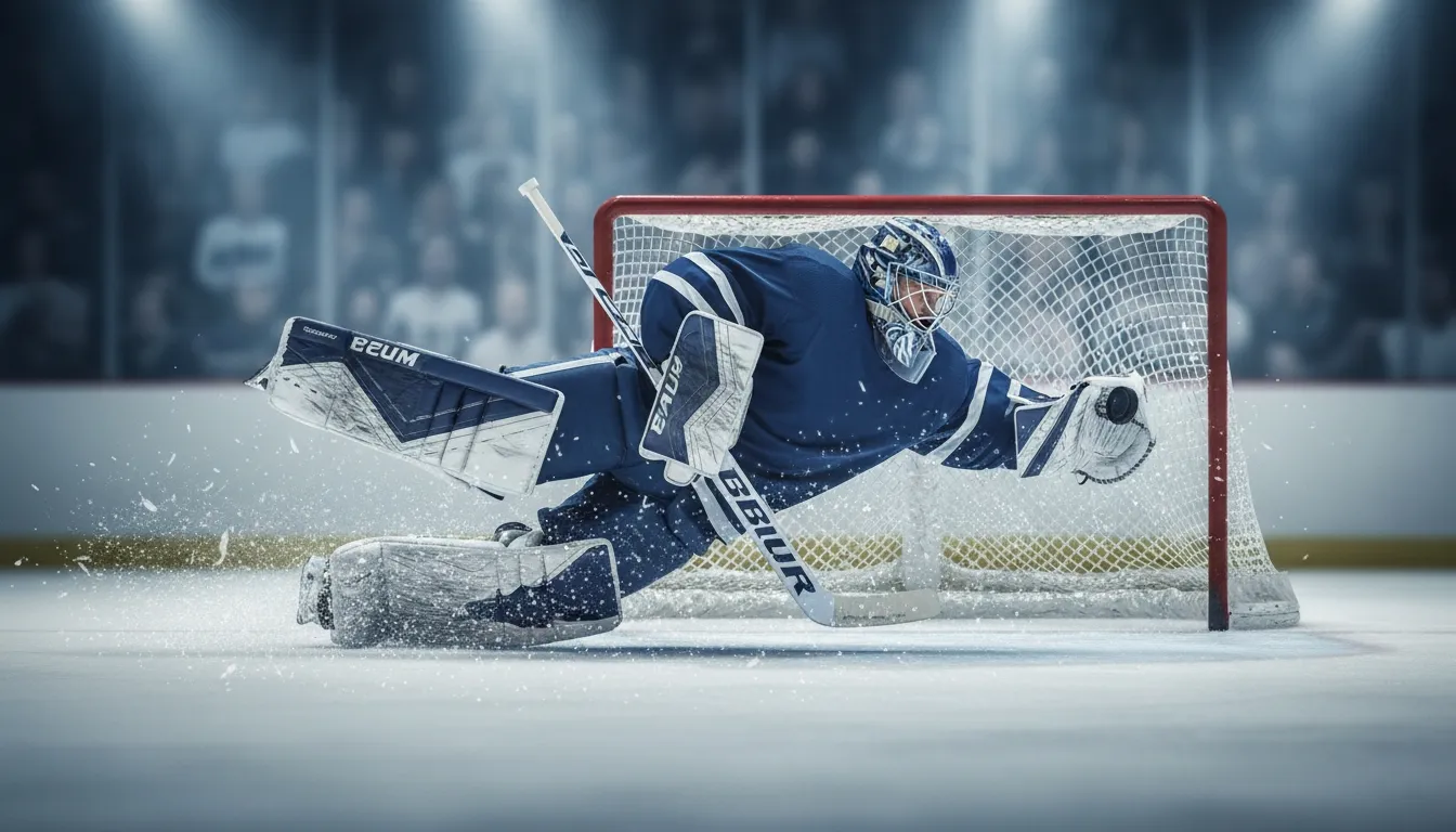 Ice hockey goalie making a low save in front of the net