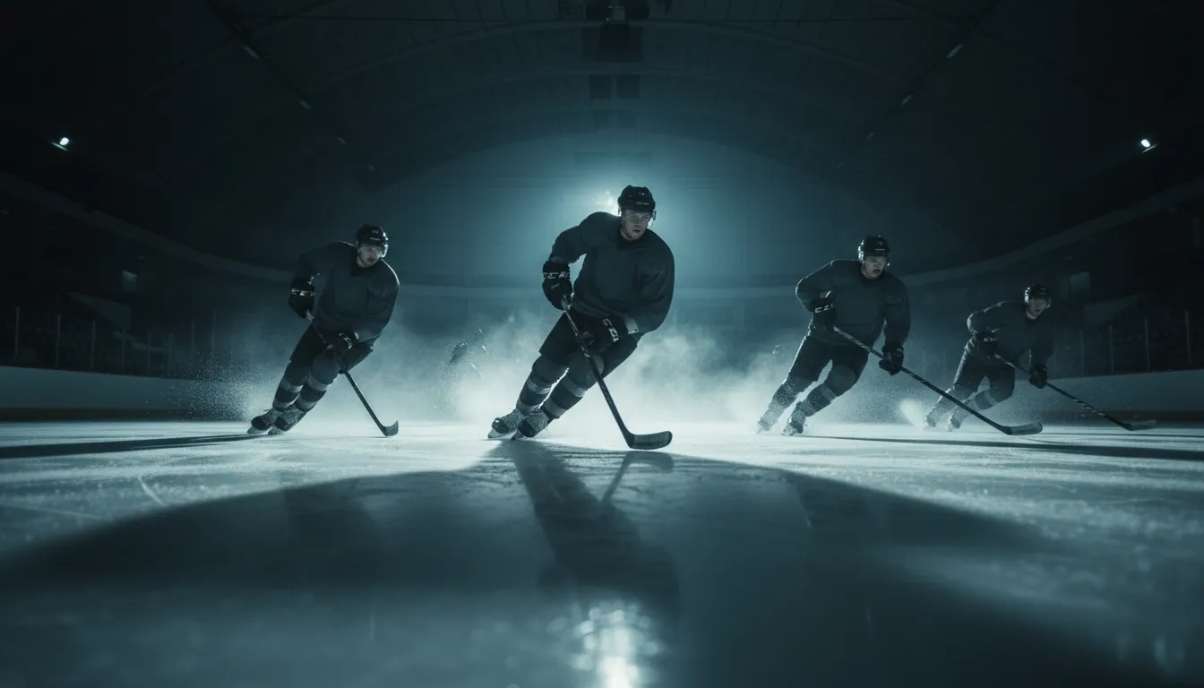 Ice hockey players skating across a dark arena rink