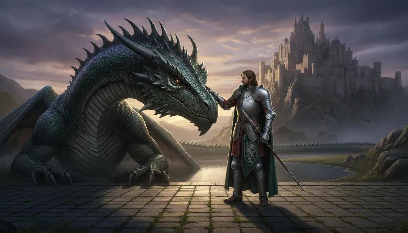 Armored dragon rider standing beside a large dragon near a distant castle