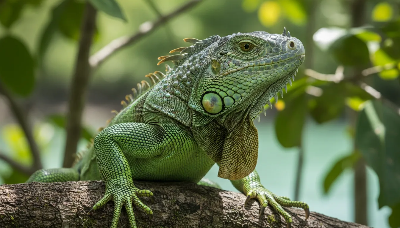 Green iguana perched on a branch among tropical leaves